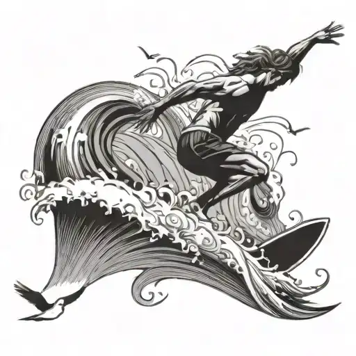 An abstract design of a surfer carving a wave, with seagulls flying overhead tattoo design idea