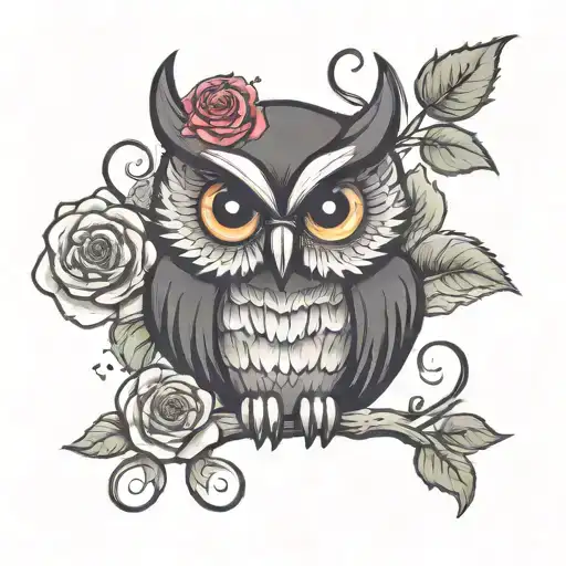 cute dark owl with 3 roses tattoo design idea