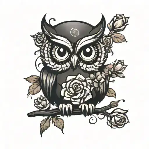 cute dark owl with 3 roses tattoo design idea