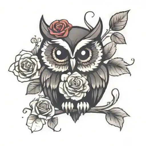 cute dark owl with 3 roses in cluster shaped like a heart  tattoo design idea