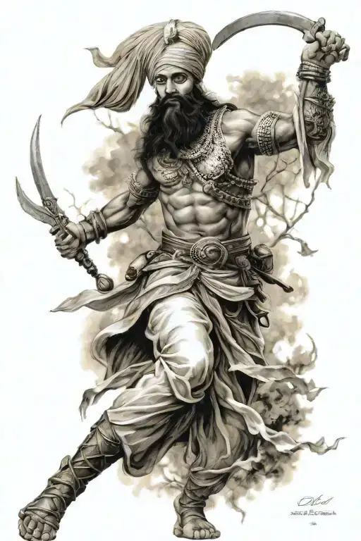 sikh warrior battle scene featuring elements like trees tattoo design idea