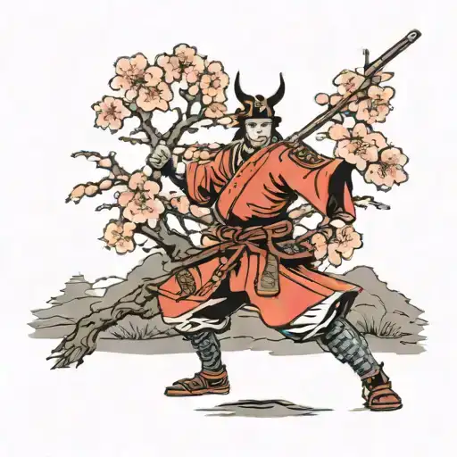 A samurai warrior standing in front of a traditional Japanese cherry blossom tree tattoo design idea