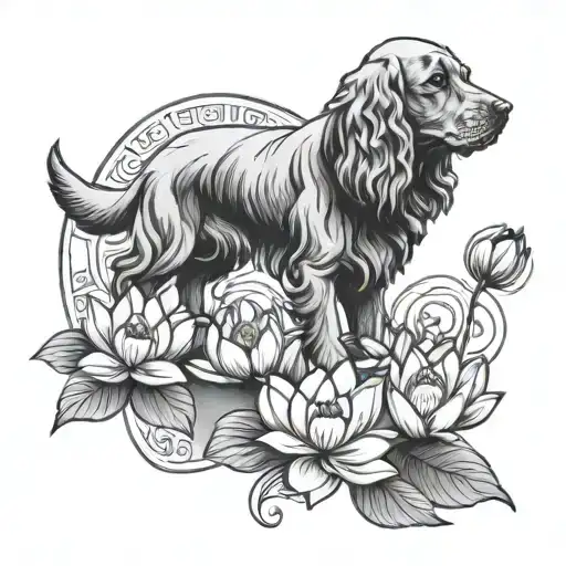 Cocker dog and lotus flower tattoo design idea