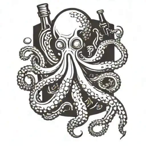 Octopus grabing a bottle which inside has a wooden pirat ship tattoo design idea