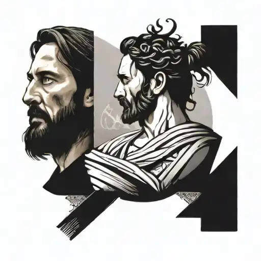 A blackwork design of a Greek-inspired scene with elements of hope and faith, incorporating subtle nods to Jesus and God, in a John Wick's tattoo style tattoo design idea