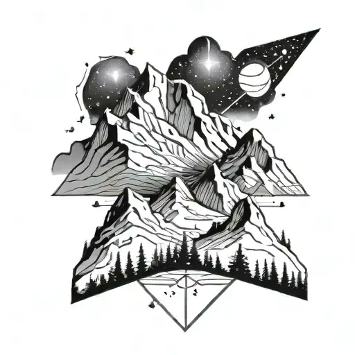 A tattoo design of a mountain range with constellations intertwined, symbolizing growth and self-discovery tattoo design idea