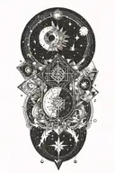 An abstract tattoo featuring geometric shapes and astrological symbols merging together, representing the interconnectedness of the universe and personal growth tattoo design idea