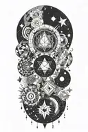 An abstract tattoo featuring geometric shapes and astrological symbols merging together, representing the interconnectedness of the universe and personal growth tattoo design idea