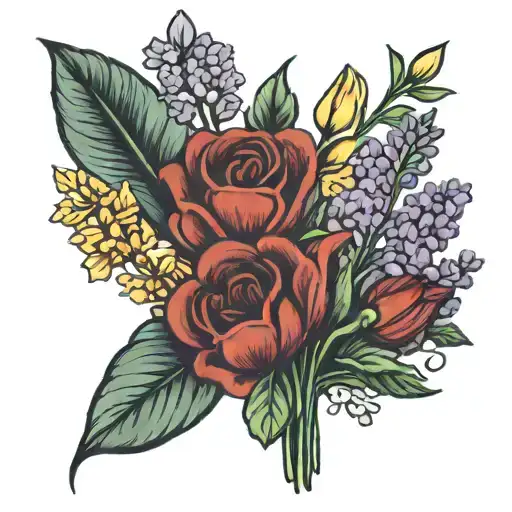 Minimalistic long stemmed flower bouquet with lilacs, irises, tulips, begonias, and geraniums  tattoo design idea