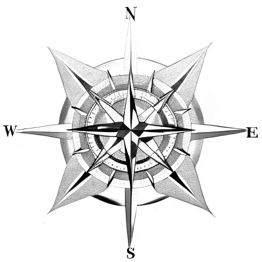 Compass rose  made of carved steel , the black part in it is made of flower designe tattoo design idea