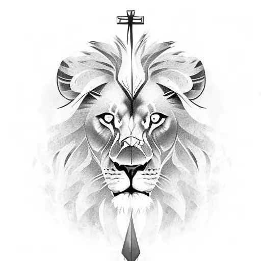 a cross on the right pec that leads into a lion down the shoulder and onto the bicep tattoo design idea