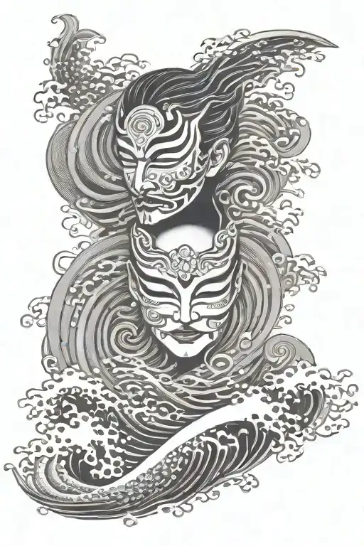 Japanese waves with mask tattoo design idea