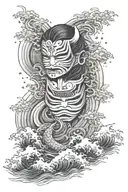 Japanese waves with mask tattoo design idea