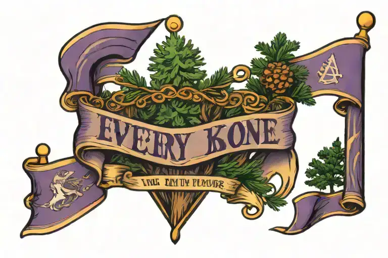purple banner with the phrase "every knee will bow" and the american, christian, and new england pine tree flags behind  tattoo design idea