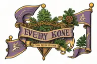 purple banner with the phrase "every knee will bow" and the american, christian, and new england pine tree flags behind  tattoo design idea
