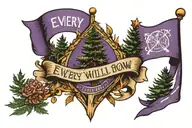 purple banner with the phrase "every knee will bow" and the american, christian, and new england pine tree flags behind  tattoo design idea