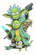 Rick and Morty, Yoda with Bonk, Space in Color tattoo design idea