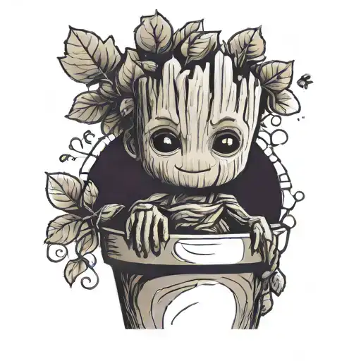 Draw a baby tree in a fine line style in a flower pot, inspired by the character Groot. The baby tree has a head tattoo design idea
