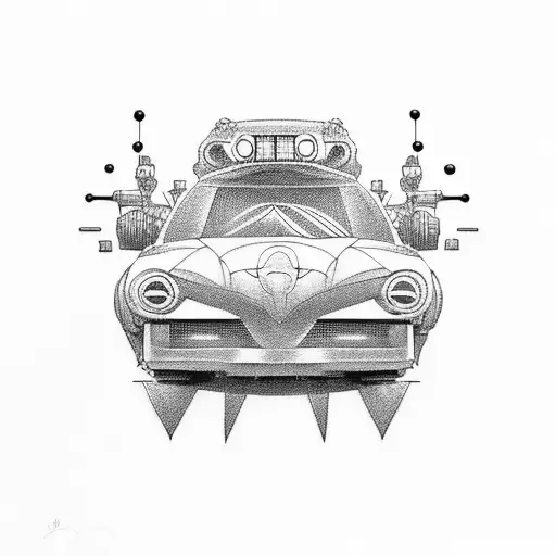 Design a dotwork tattoo of a futuristic car merging with a school bus tattoo design idea