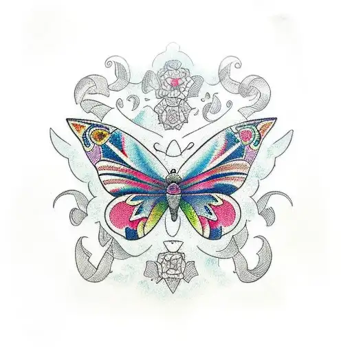 A neo traditional style tattoo of a butterfly with intricate patterns and bold, vibrant colors tattoo design idea