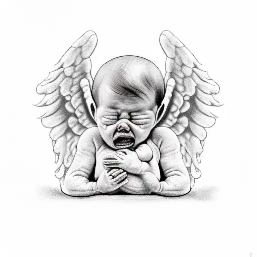 A crying angel griefing about a dead born baby, colours black an red, trash polka style  tattoo design idea