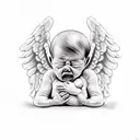 A crying angel griefing about a dead born baby, colours black an red, trash polka style  tattoo design idea
