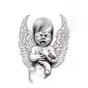 A crying angel griefing about a dead born baby, colours black an red, trash polka style  tattoo design idea