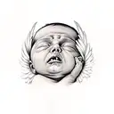 A crying angel griefing about a dead born baby, colours black an red, trash polka style  tattoo design idea