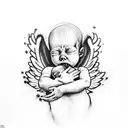 A crying angel griefing about a dead born baby, colours black an red, trash polka style  tattoo design idea