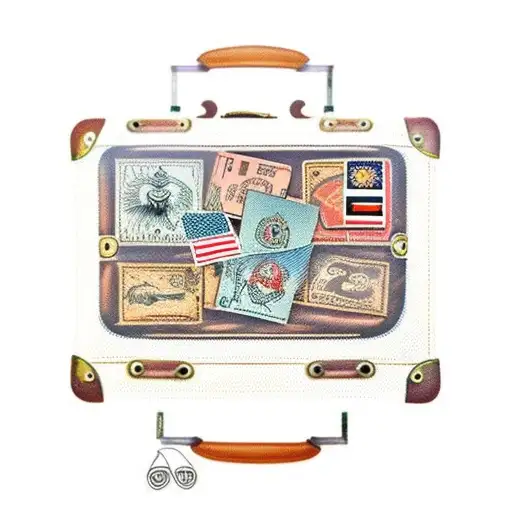 A vintage suitcase with passport stamps from different countries tattoo design idea