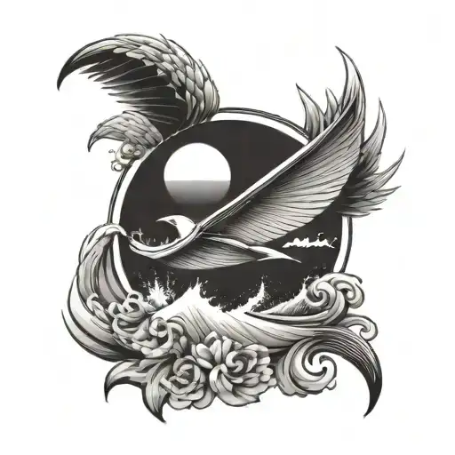 PLAGE AVEC UNE PETITE PLANCHE DE SURF AUTOUR D'UN ROND. AU DESSUS IL Y A UNE CROIX CHRETIENNE ET DES AILES D'ANGE tattoo design idea