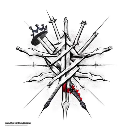 nail cross with crown of thorns & broken bleeding heart tattoo design idea