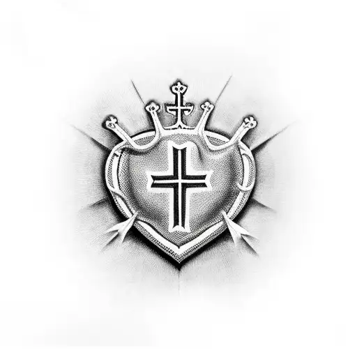 nail cross with crown of thorns & broken bleeding heart tattoo design idea