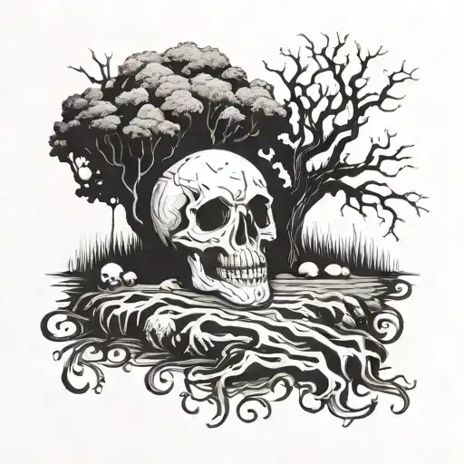 death, simple, black and white, tattoo, laughter, humor, dark, grave, trees tattoo design idea