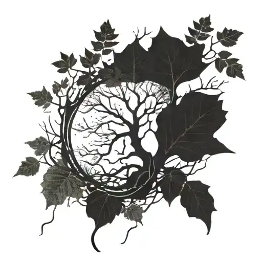 roots and leaves falling from the groud above tattoo design idea