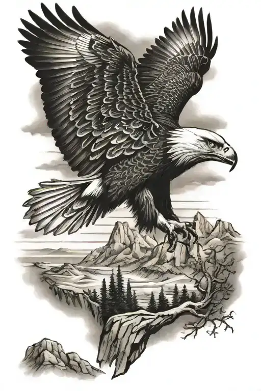realistic landscape with eagle tattoo design idea