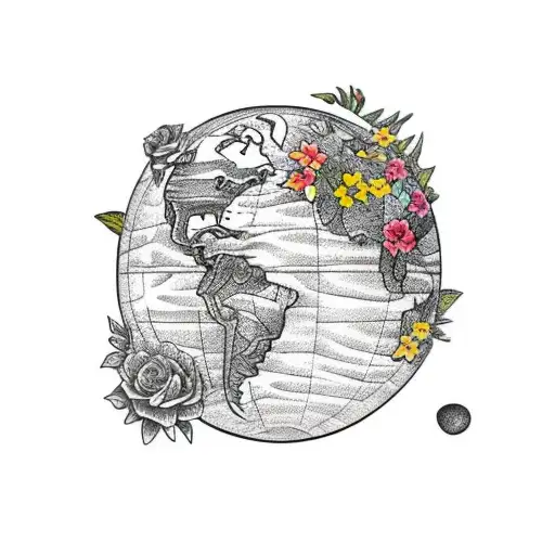 earth continents with flowers in the background   tattoo design idea