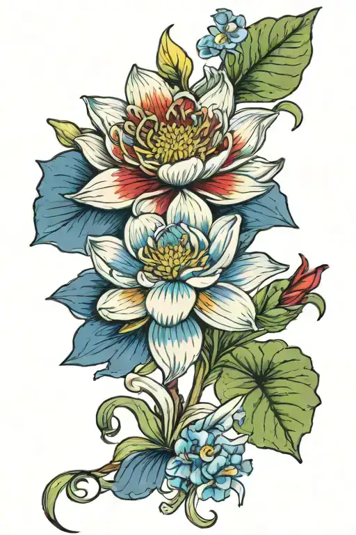 blue and yellow water lily red spider lily and white pansies flower tattoo design idea