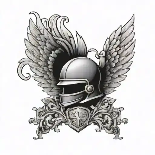 family crest, small mantle, helmet topper, wings around helmet tattoo design idea