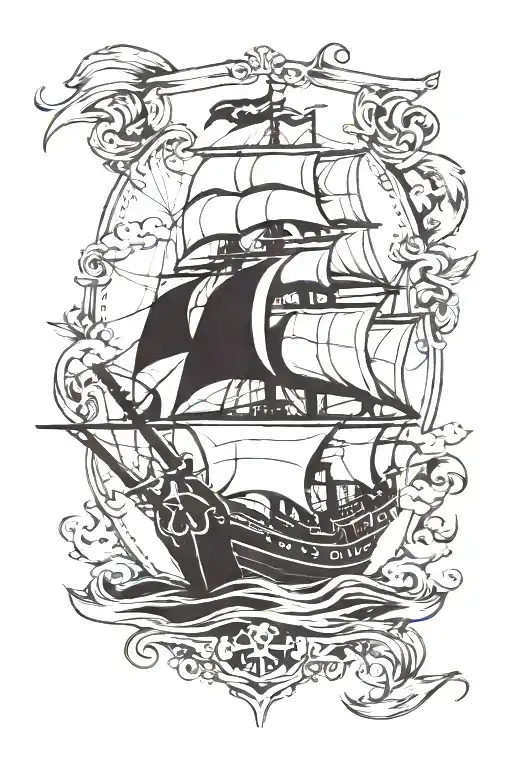 Old School Pirate Ship With A Jolly Roger Flag Flying And Templar Knights With Shields And Swords  tattoo design idea