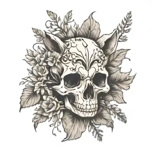 Raccoon skull. mushrooms growing, flowers growing, raccoon bones tattoo design idea