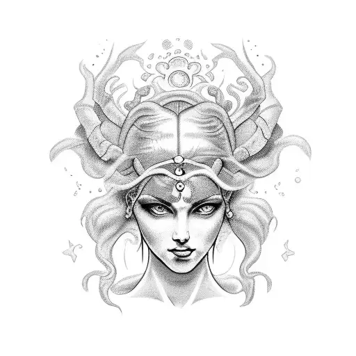 Aphrodite crying black ichor from her eyes that are pure white pupils. The image is only from the shoulder up on her tattoo design idea