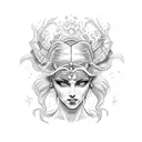 Aphrodite crying black ichor from her eyes that are pure white pupils. The image is only from the shoulder up on her tattoo design idea