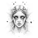 Aphrodite crying black ichor from her eyes that are pure white pupils. The image is only from the shoulder up on her tattoo design idea