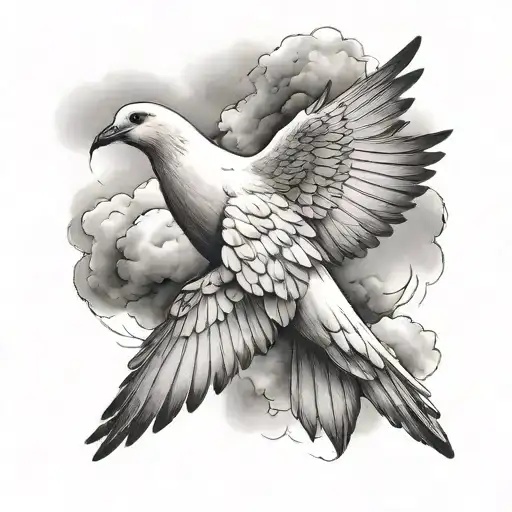 Create me a full upper arm tattoo with a cloud background and a dove on the outside of the upper arm  tattoo design idea