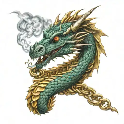 dragon wrapped in gold chains smoking weed  tattoo design idea