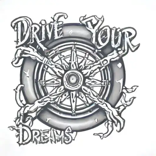 steering wheel with skeleton hands with the saying drive your dreams  tattoo design idea