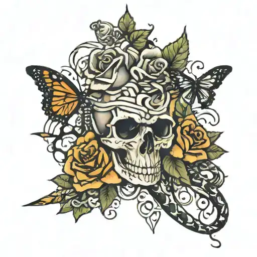dagger rose snake intertwined with butterflies and skulls tattoo design idea