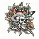 dagger rose snake intertwined with butterflies and skulls tattoo design idea