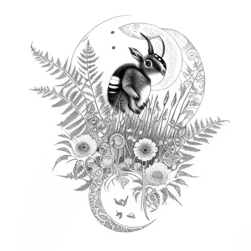 ferns, wildflowers,  bumblebee,  moon, hare, spiritual  tattoo design idea